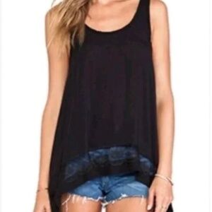 💗 INTIMATELY FREE PEOPLE Boho Distressed Edge Asymmetrical Hem LaceTop Black M